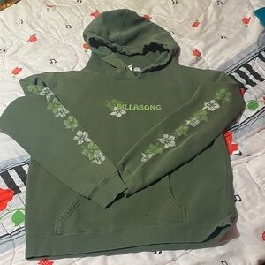 Y2K Billabong Olive Green Hoodie with Floral Sleeve Accents